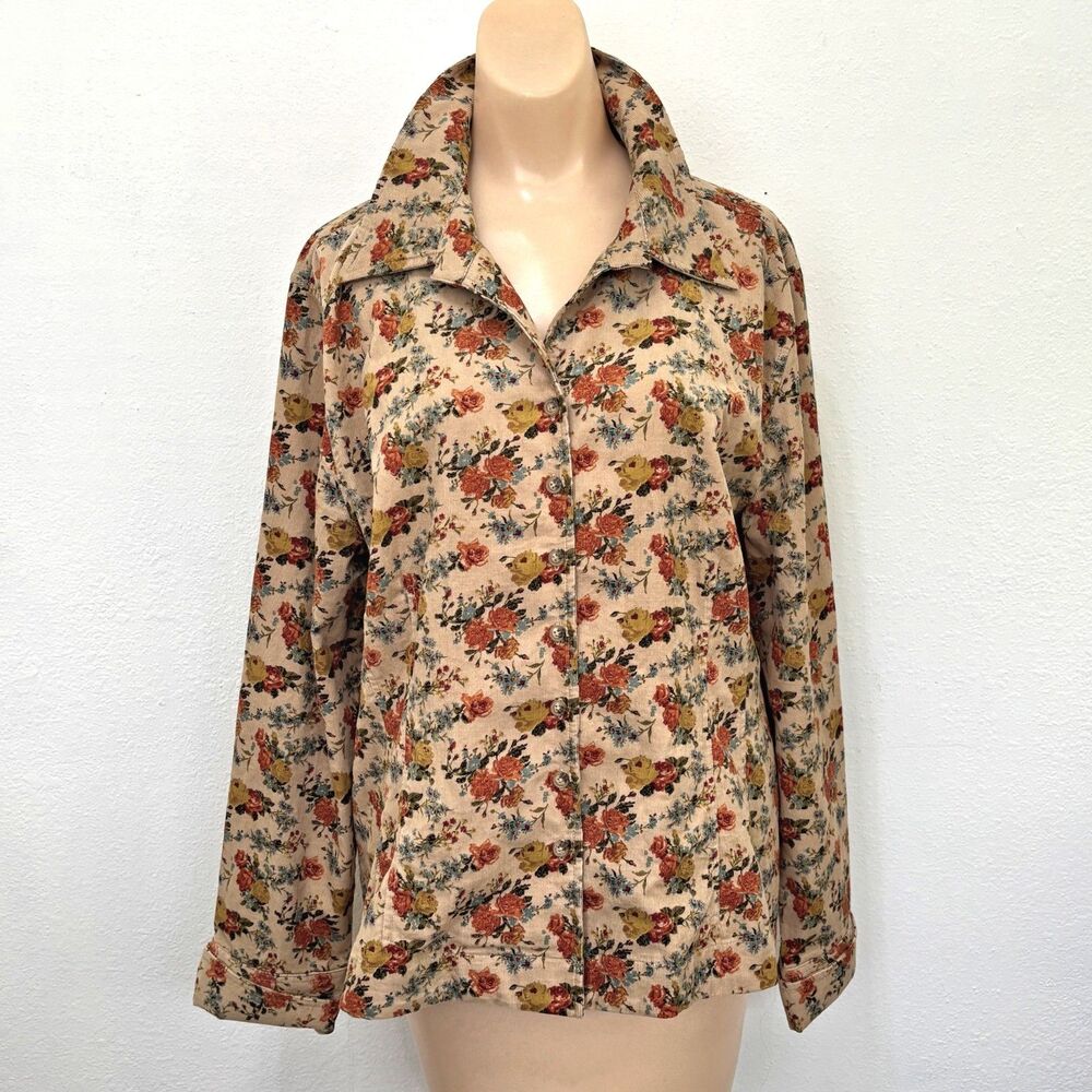 Womens Vintage Cottage Floral Corduroy Button Up Shirt XL Granola Earthy Indie